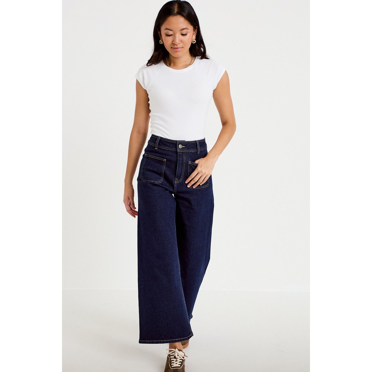 Jean wide leg cropped taille haute denim brut, CACHE CACHE