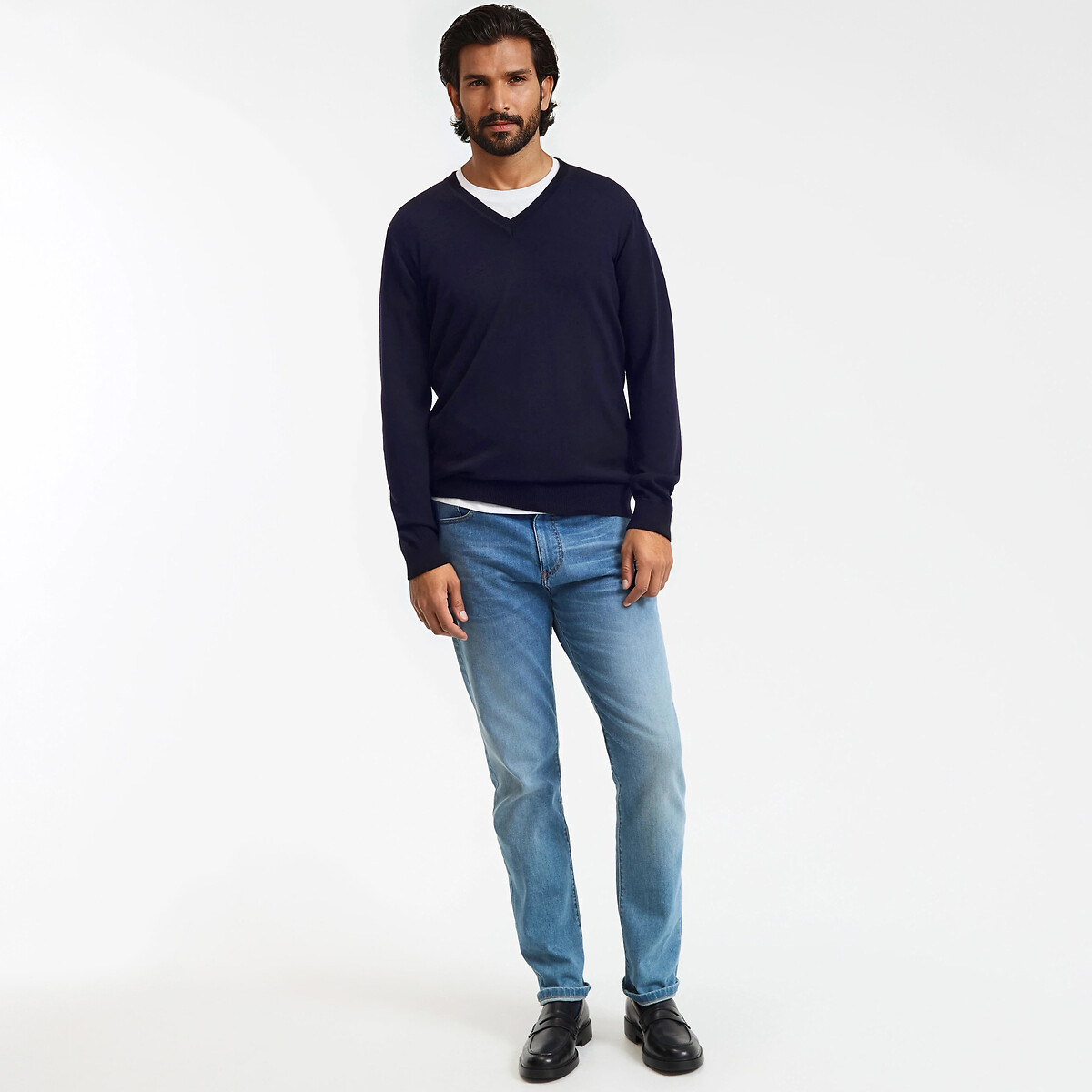 Maglia con scollo a V in lana merinos blu marino, LA REDOUTE COLLECTIONS