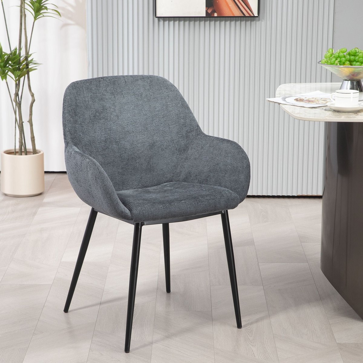 Chaise repas avec accoudoirs tissu chenille pied métal gris foncé, ZAGO