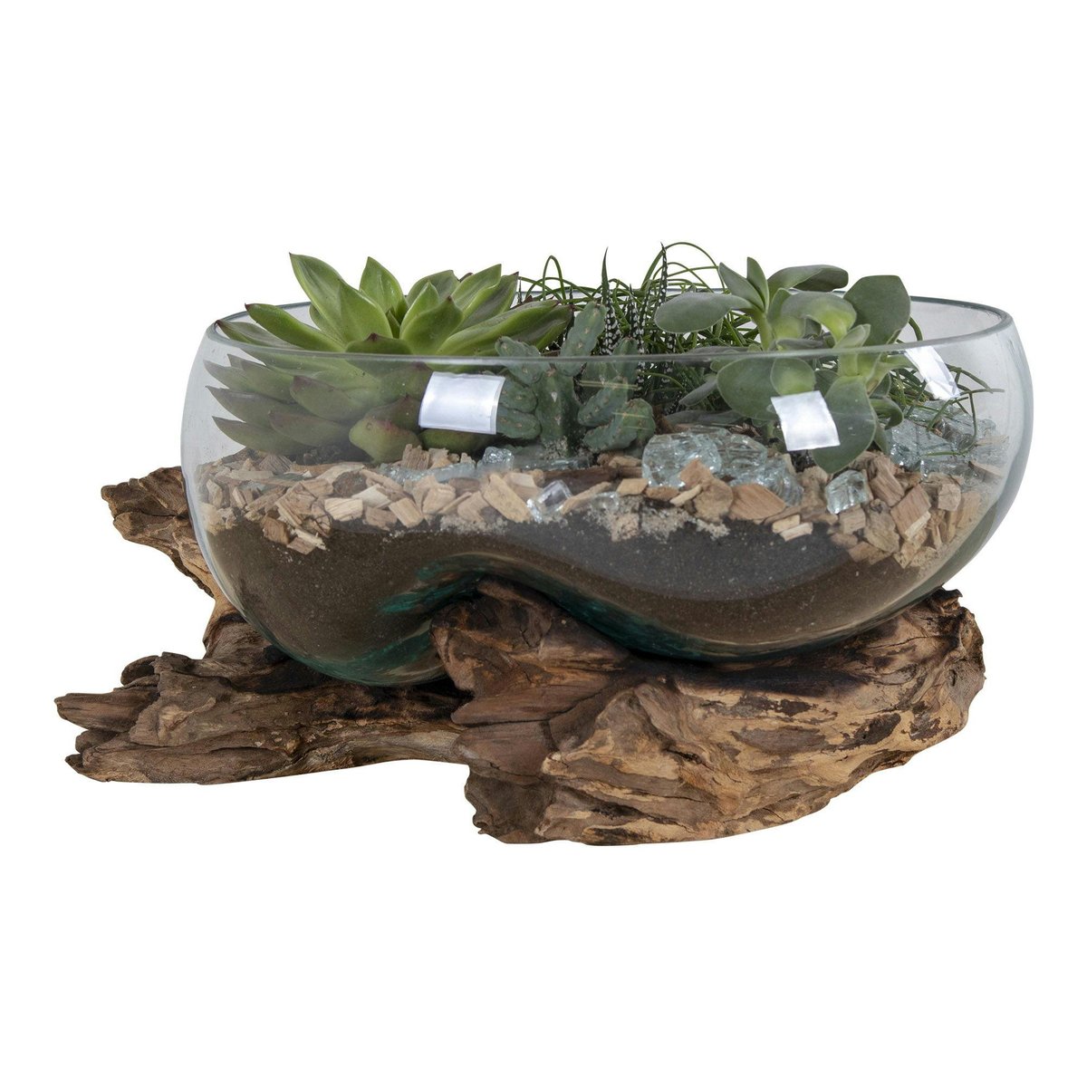 Petit vase verre soufflé et racine teck, artisanal ARIZONA bois naturel, PIER IMPORT