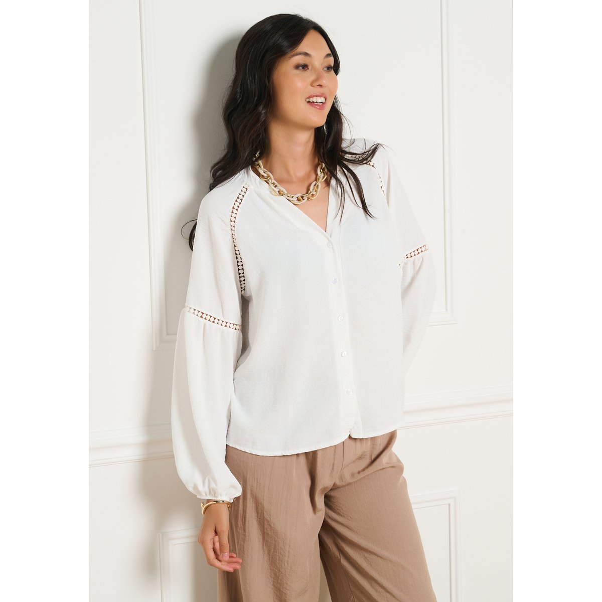 Blouse détails ajourés blanc casse, LOLALIZA