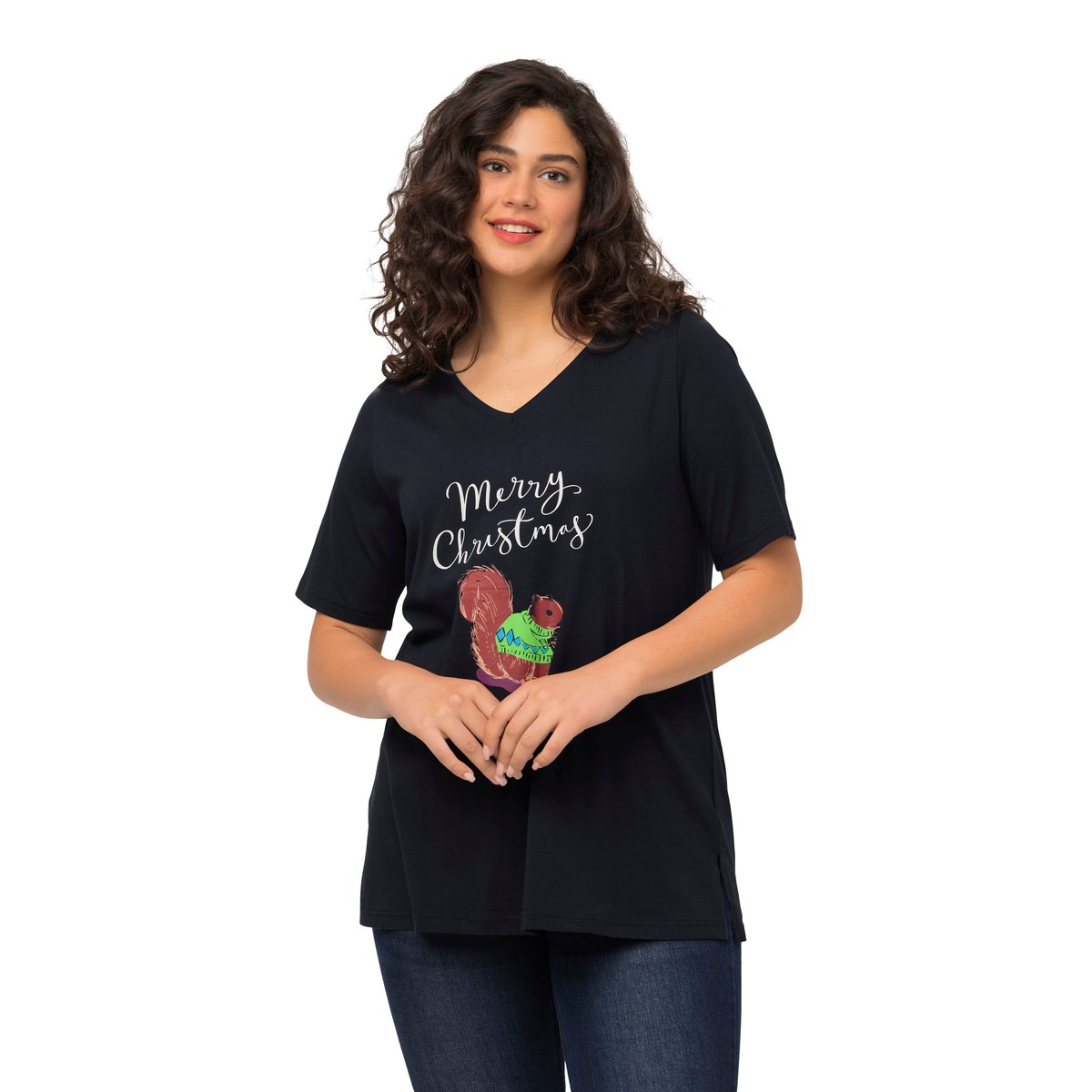 T-shirt de Noël à manches courtes et col V marine, ULLA POPKEN