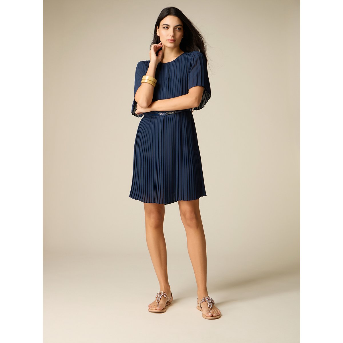 Robe courte avec travail plissé intégral bleu, OLTRE
