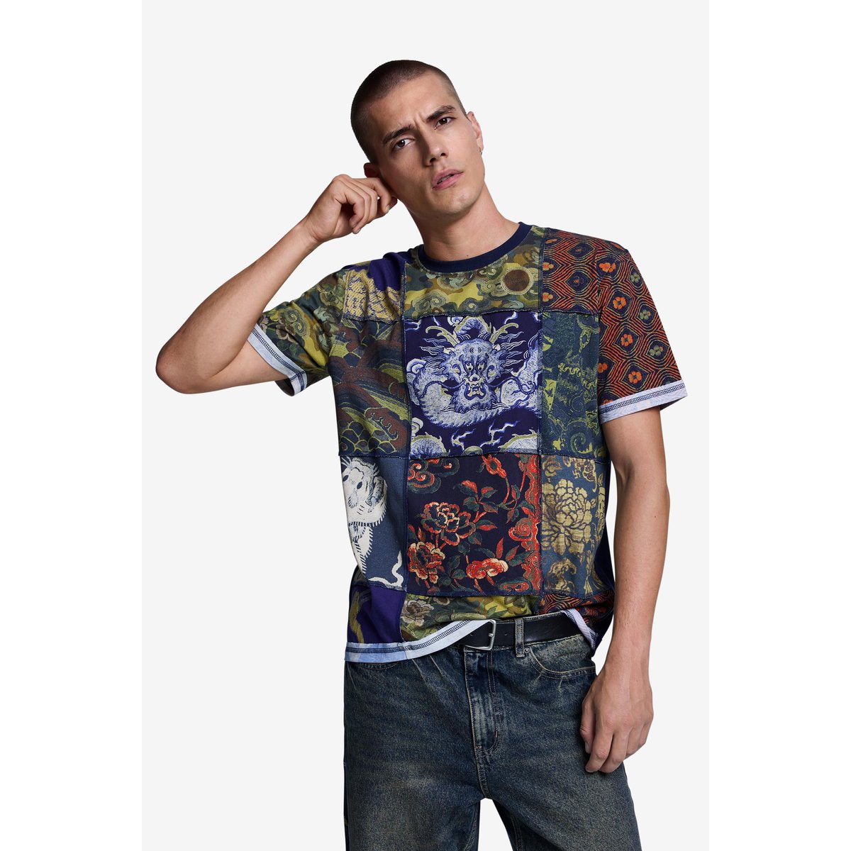Pantalon en jean brodé bleu, DESIGUAL