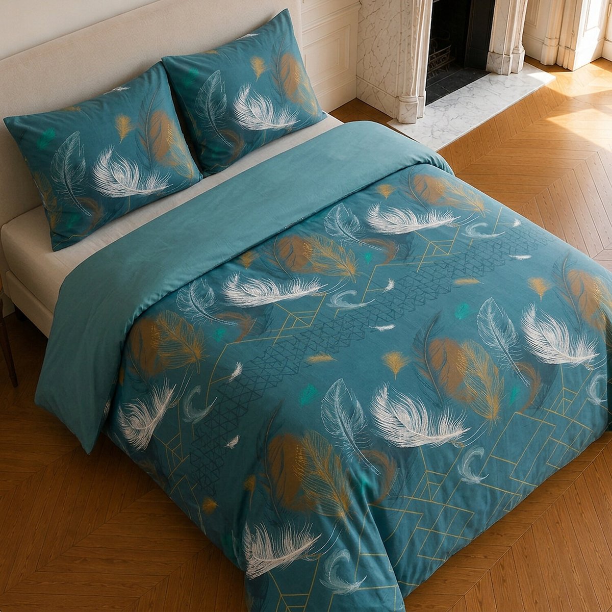 Parure de lit en coton motif tropical, PALOMA bleu, C DESIGN HOME TEXTILE