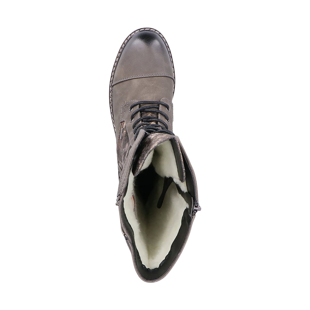 Bottes grises à talon décroché bas avec un zip et des lacets ronds grises, RIEKER