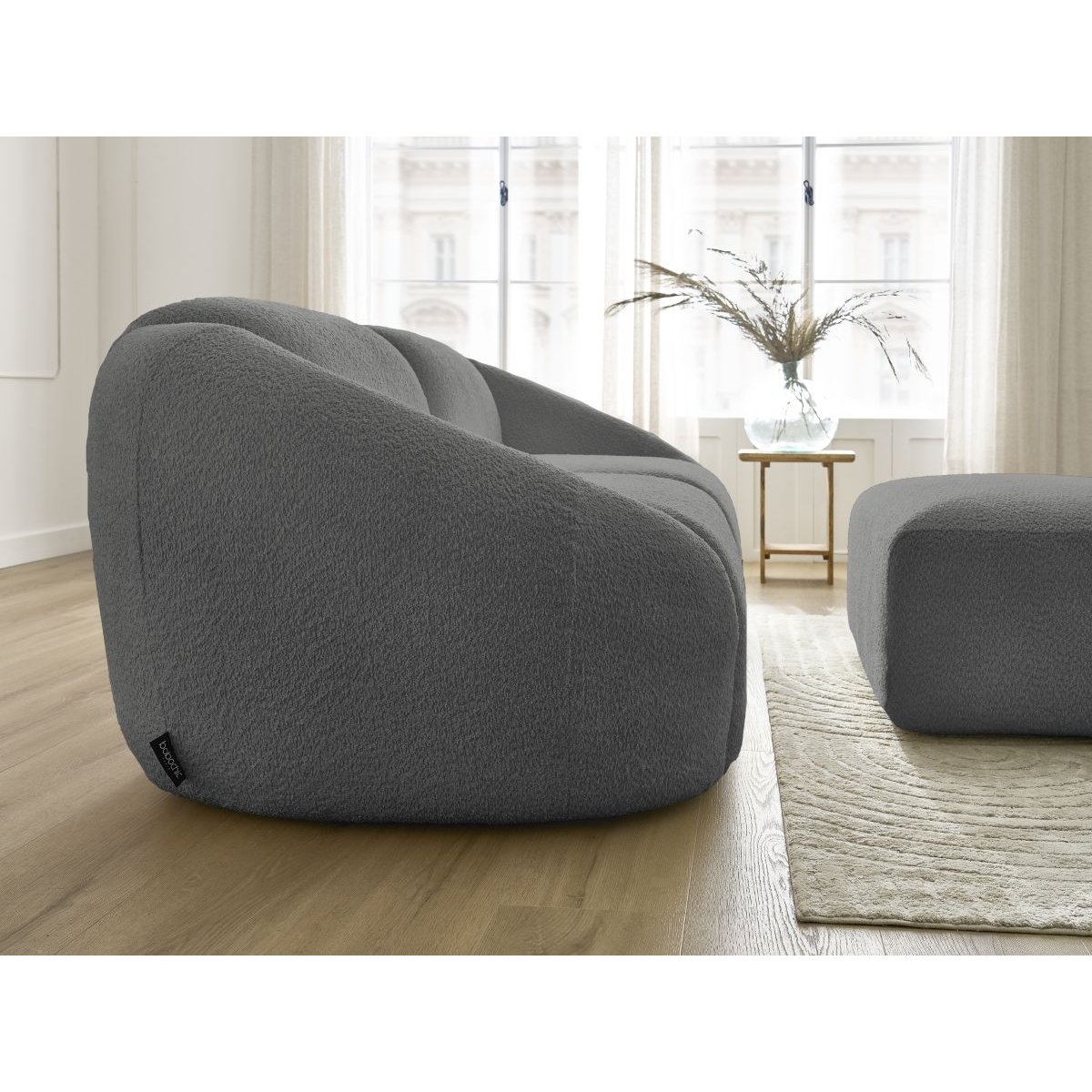 Canapé droit fixe 3 places en tissu bouclette avec pouf, TINA gris foncé, BOBOCHIC