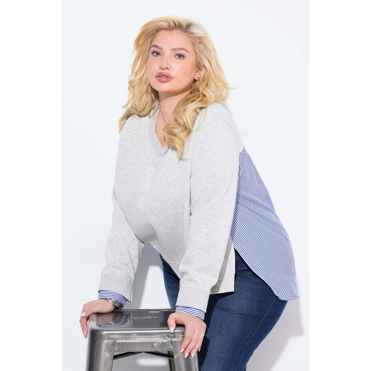 Sweat-shirt 2-en-1 tendance gris clair chiné, ULLA POPKEN