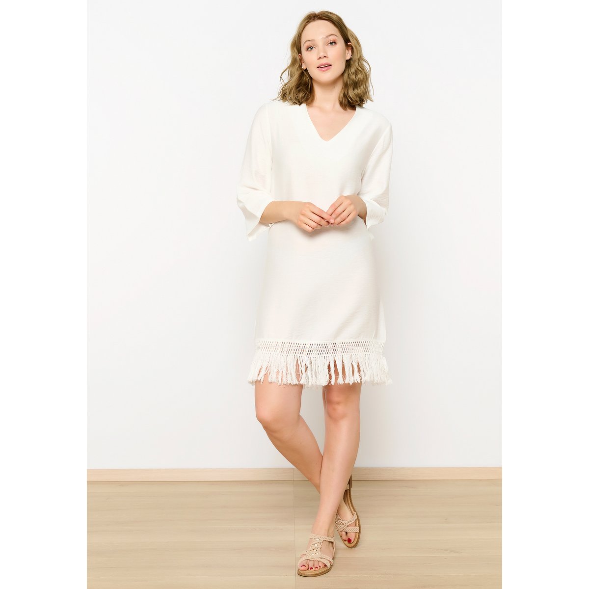 Robe caftan ample avec franges blanc casse, LOLALIZA