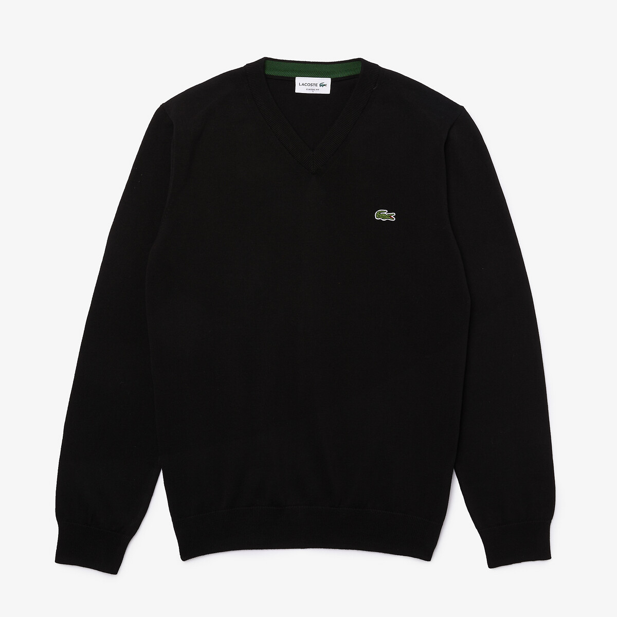 Pull col V en coton bio noir, LACOSTE