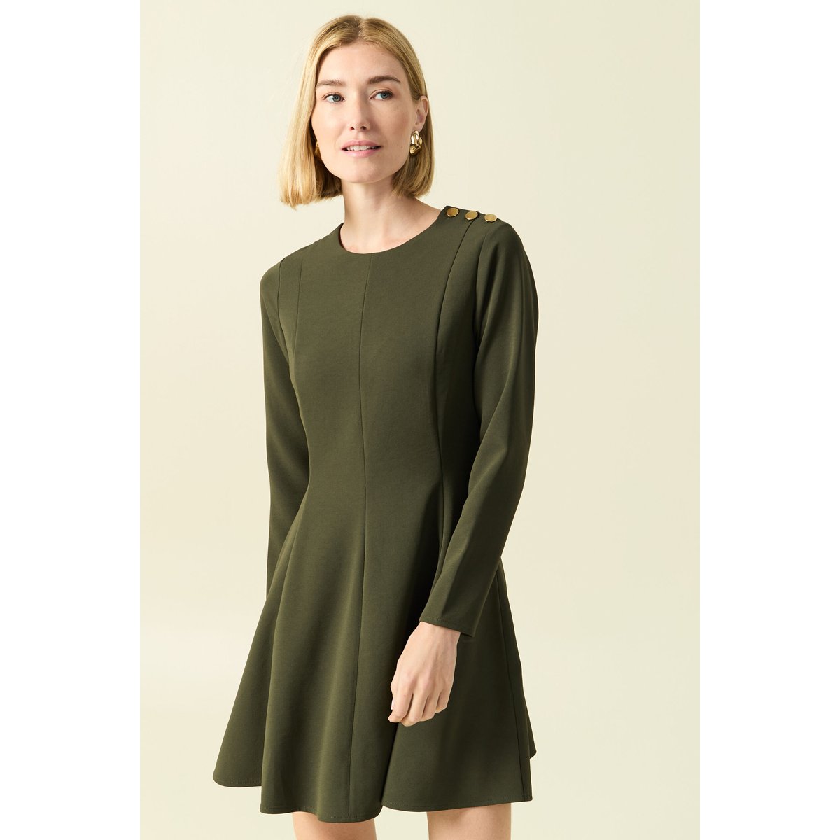 Robe fluide manches longues col rond vert kaki, BONOBO