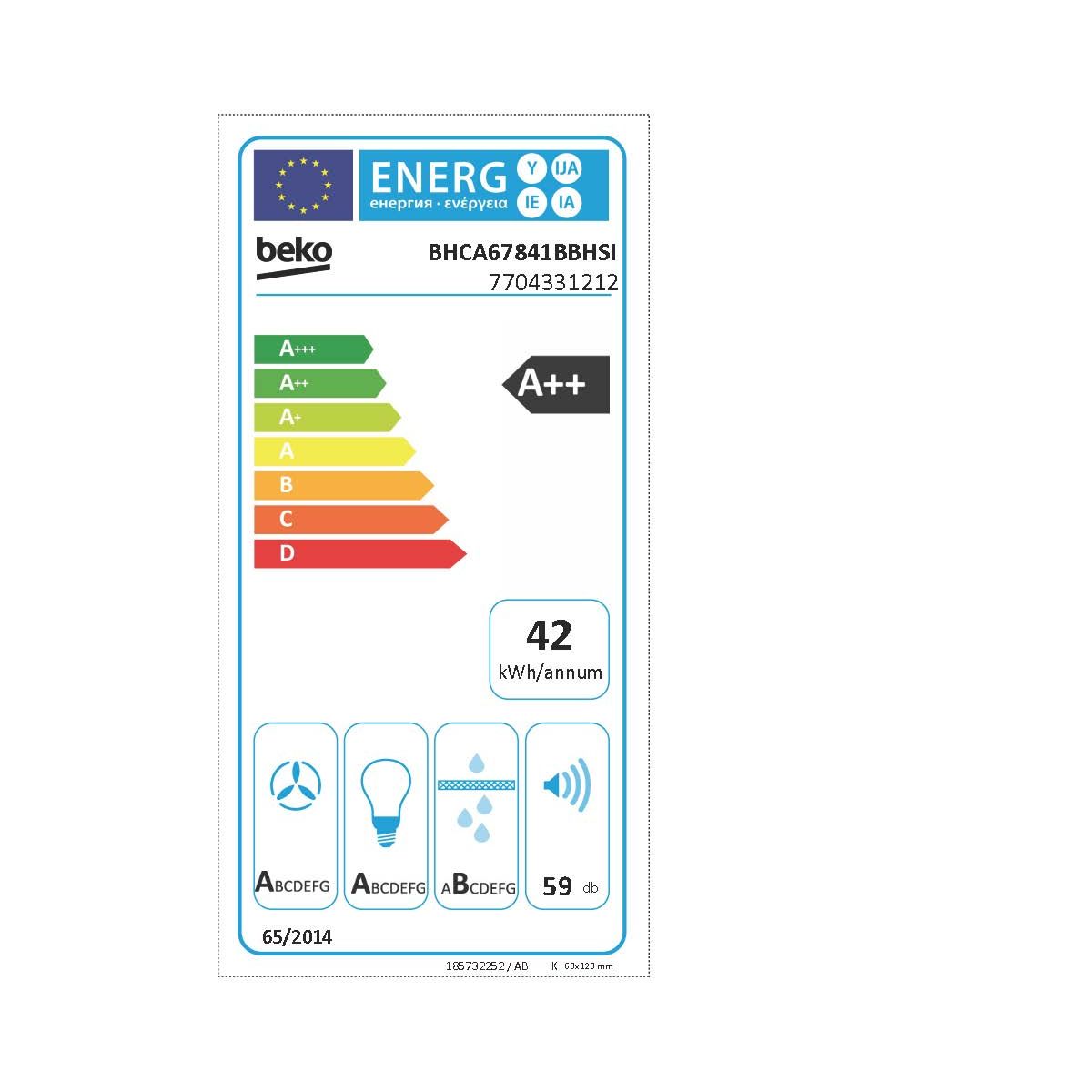 Hotte décorative murale inclinée BHCA67841BBHSI couleur unique, BEKO