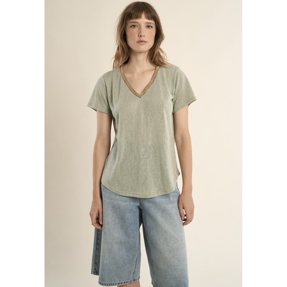 T-shirt maniche corte scollo a V verde acqua, MOLLY BRACKEN