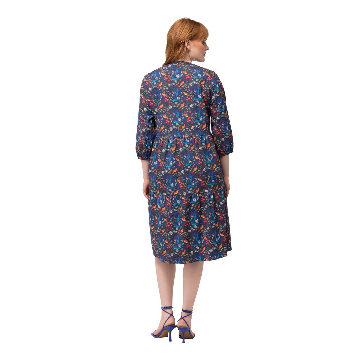 Robe tunique, oiseaux du paradis, col V marine, ULLA POPKEN