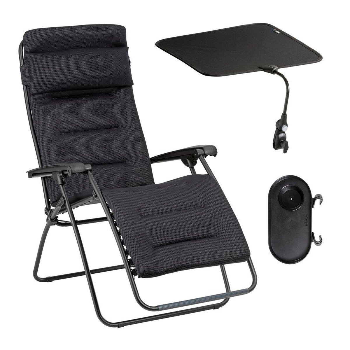 Ensemble Fauteuil Relax matelassé avec Ombrelle et Porte-Gobelet - RSX CLIP noir acier, LAFUMA MOBILIER