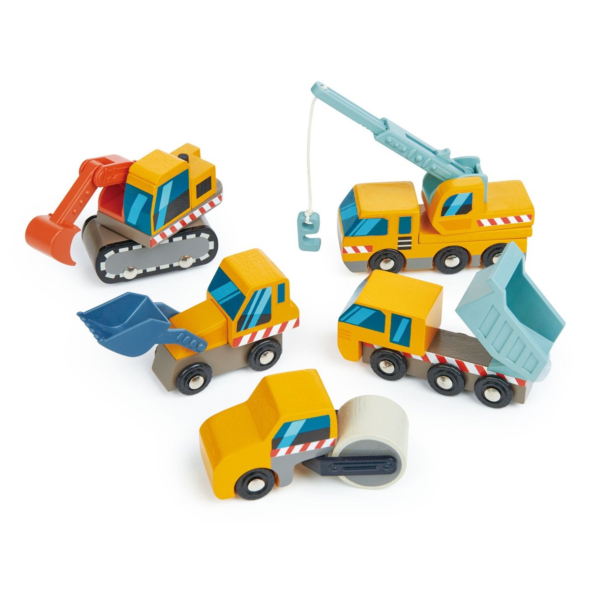 Lot d'engins de construction jaune, bleu, orange, TENDER LEAF TOYS