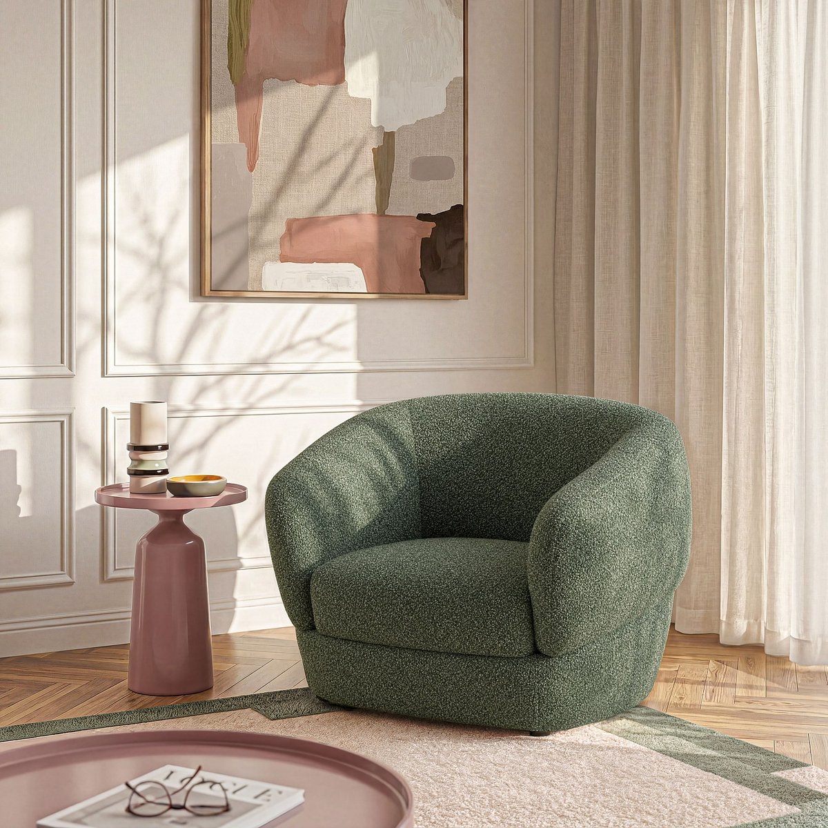 Fauteuil en tissu bouclette courte TEGLIO vert, HABITAT