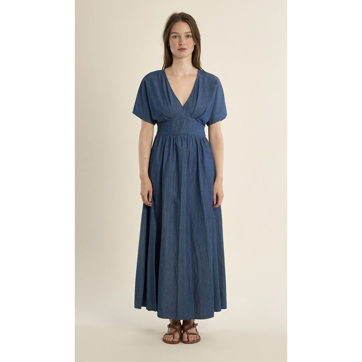 Robe longue manches courtes col V bleu foncé, MOLLY BRACKEN