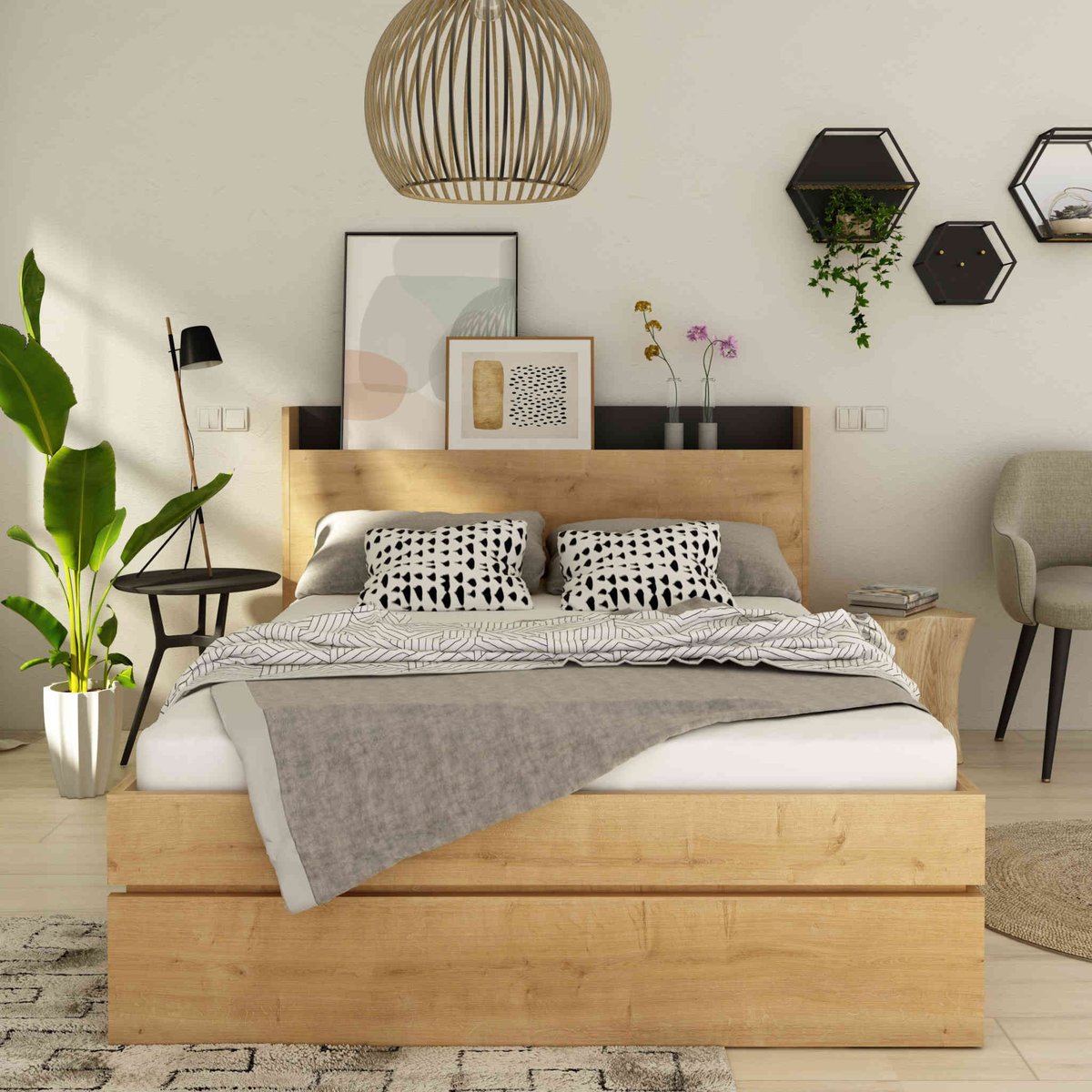 Lit en bois avec tete de lit bois naturel, TERRE DE NUIT