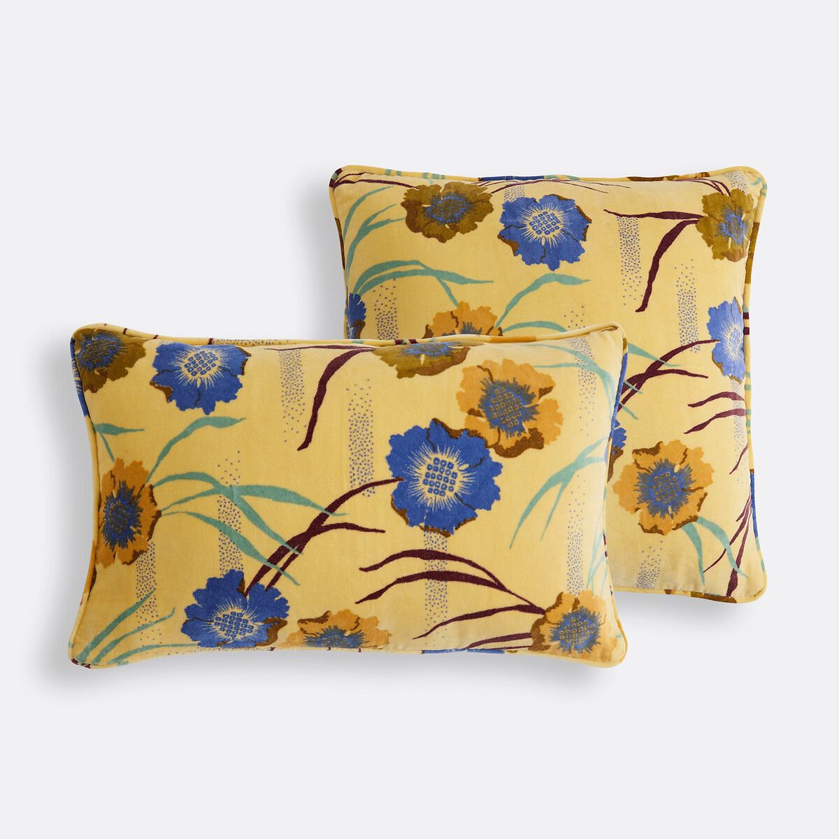 Housse de coussin rectangulaire 50x30, en velours de coton imprimé, MOWAN imprimé fond jaune, LA REDOUTE INTERIEURS