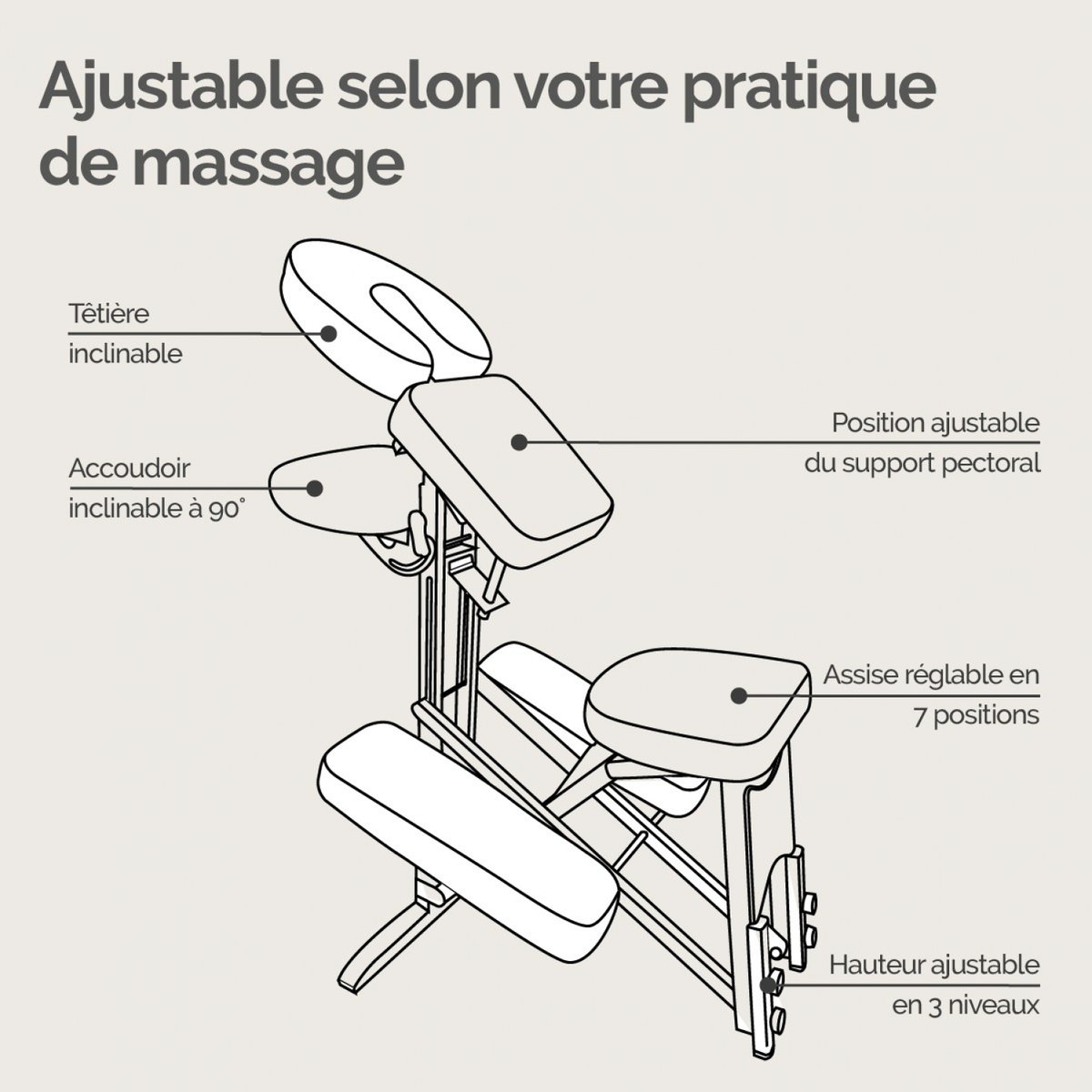 Chaise de massage en bois pliable avec sac de transport blanc, VIVEZEN
