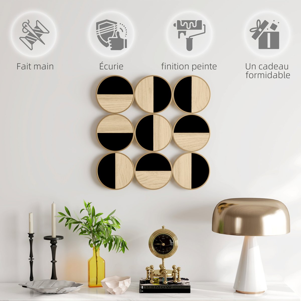 Metal Wall Décor MDF Bois naturel et noir beige, HOMCOM