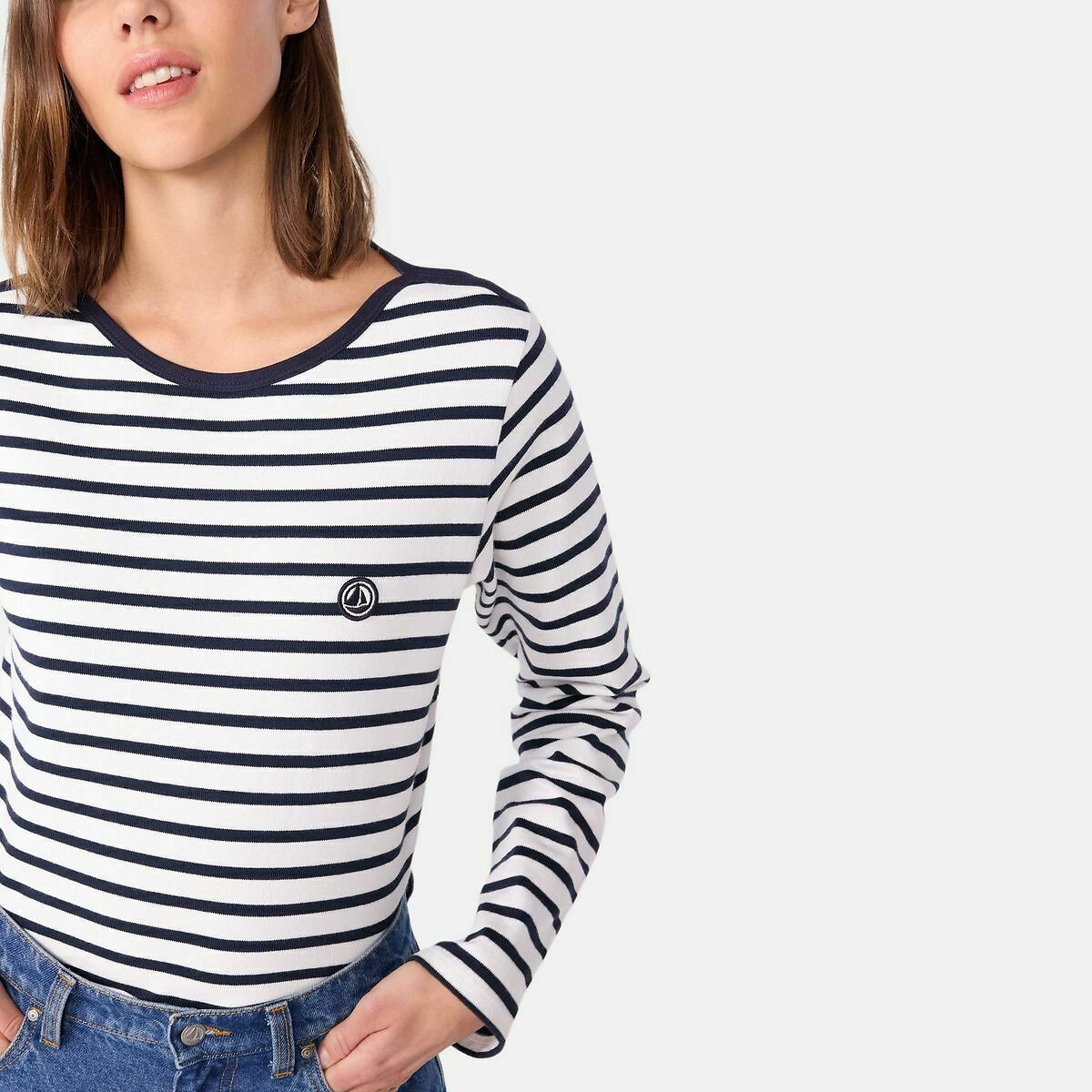 Women's Cotton Striped Top with Long Sleeves white/navy, PETIT BATEAU