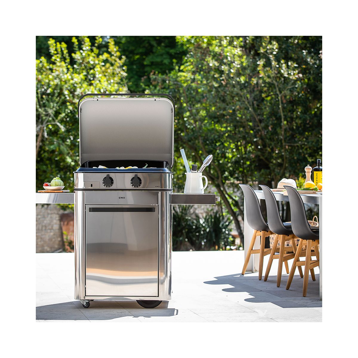 Plancha gaz Enosign 65 inox 2 brûleurs sur chariot, 56x40 cm gris, ENO