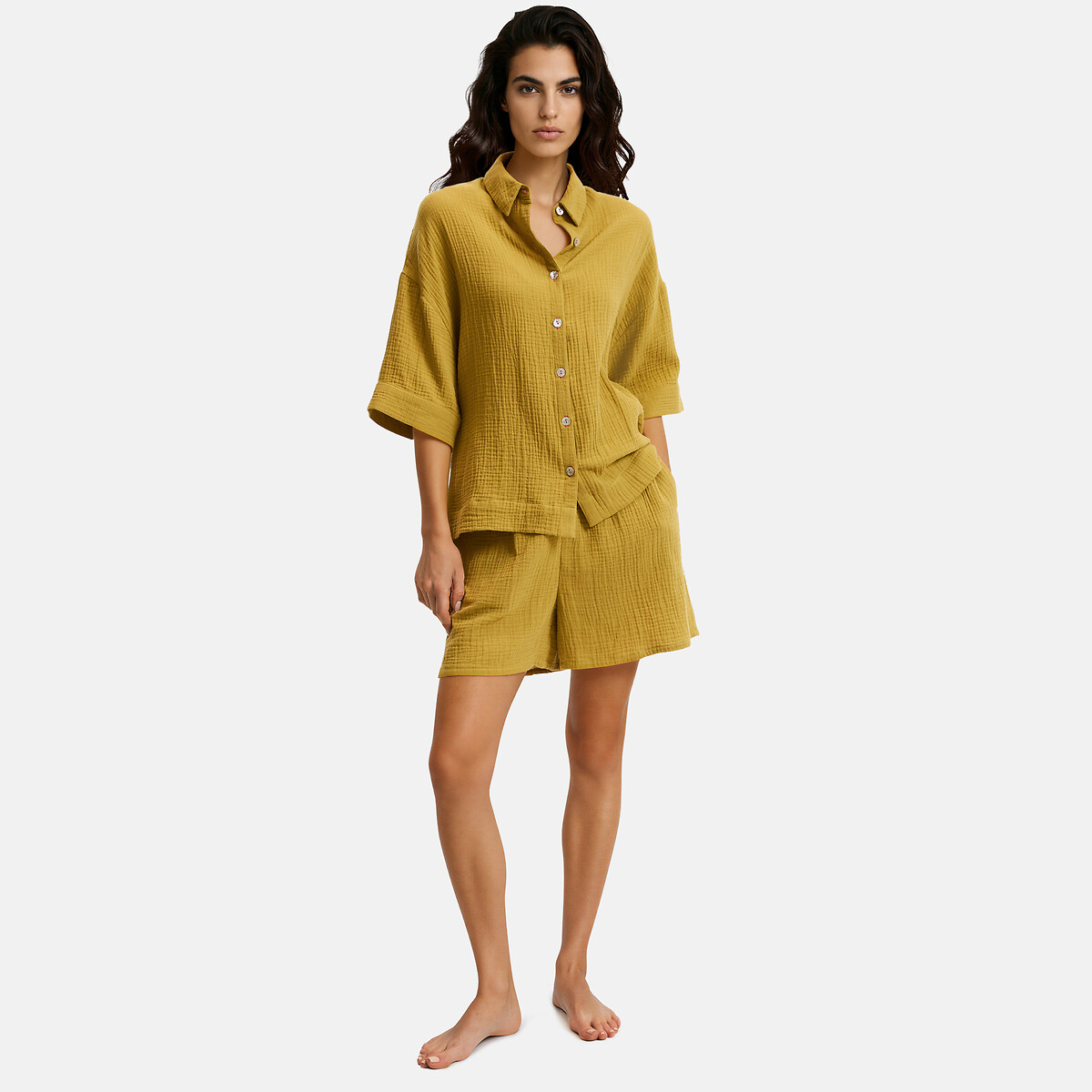 Pyjashort en gaze de coton, Signature MARGOT vert olive, LA REDOUTE COLLECTIONS