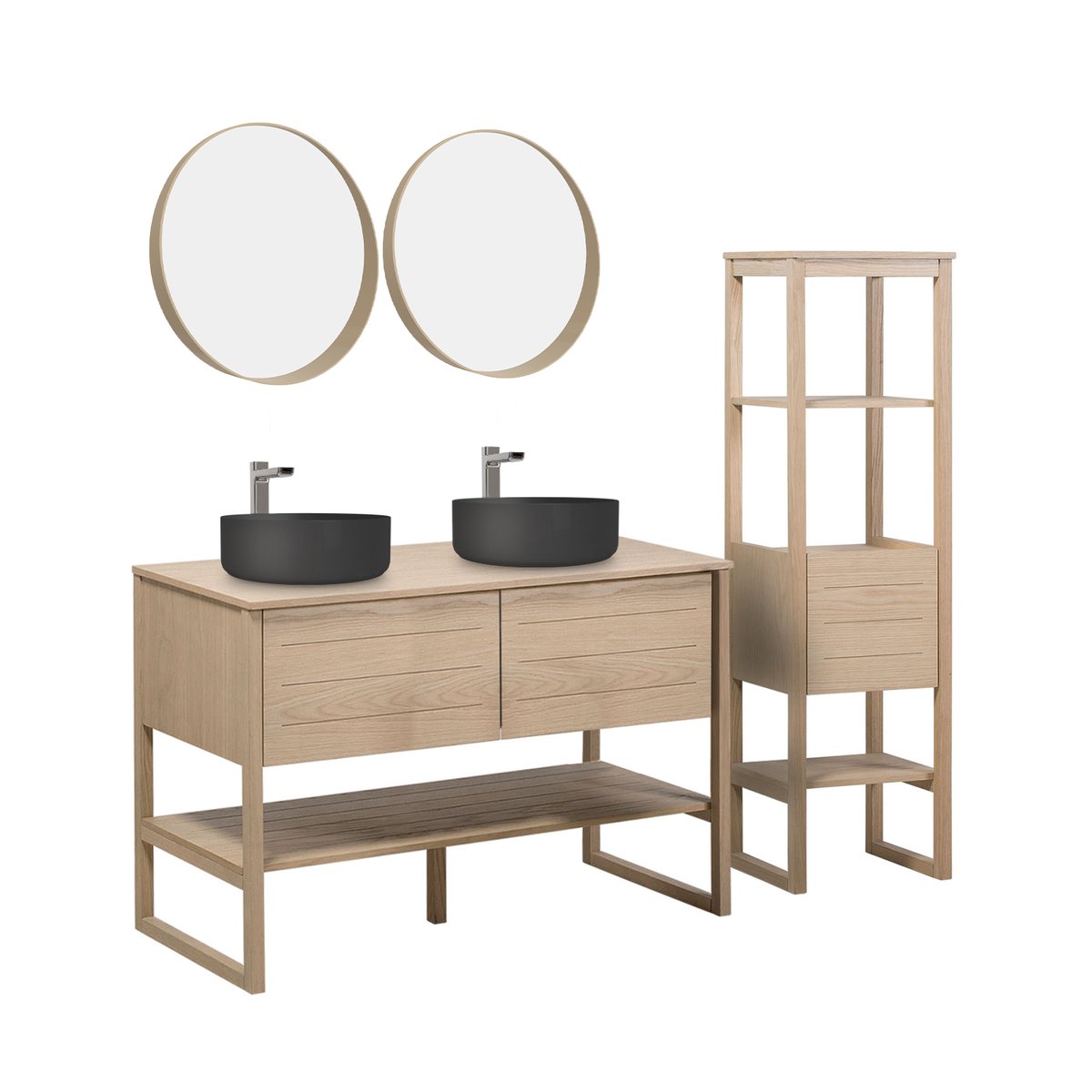 Meuble double +vasque +miroir +colonne ATOLL bois clair, MOB IN