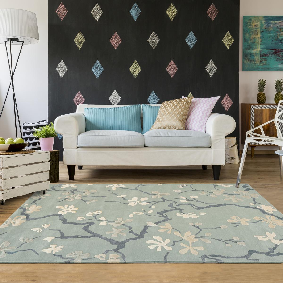 Tapis salon et chambre fait à la main en laine motif floral ANTHEA bleu gris, UN AMOUR DE TAPIS