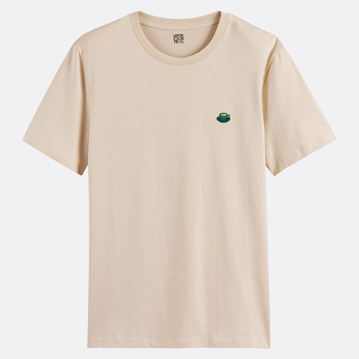 Regular Fit Crew Neck T-Shirt with Coffee Embroidery light beige, LA REDOUTE COLLECTIONS