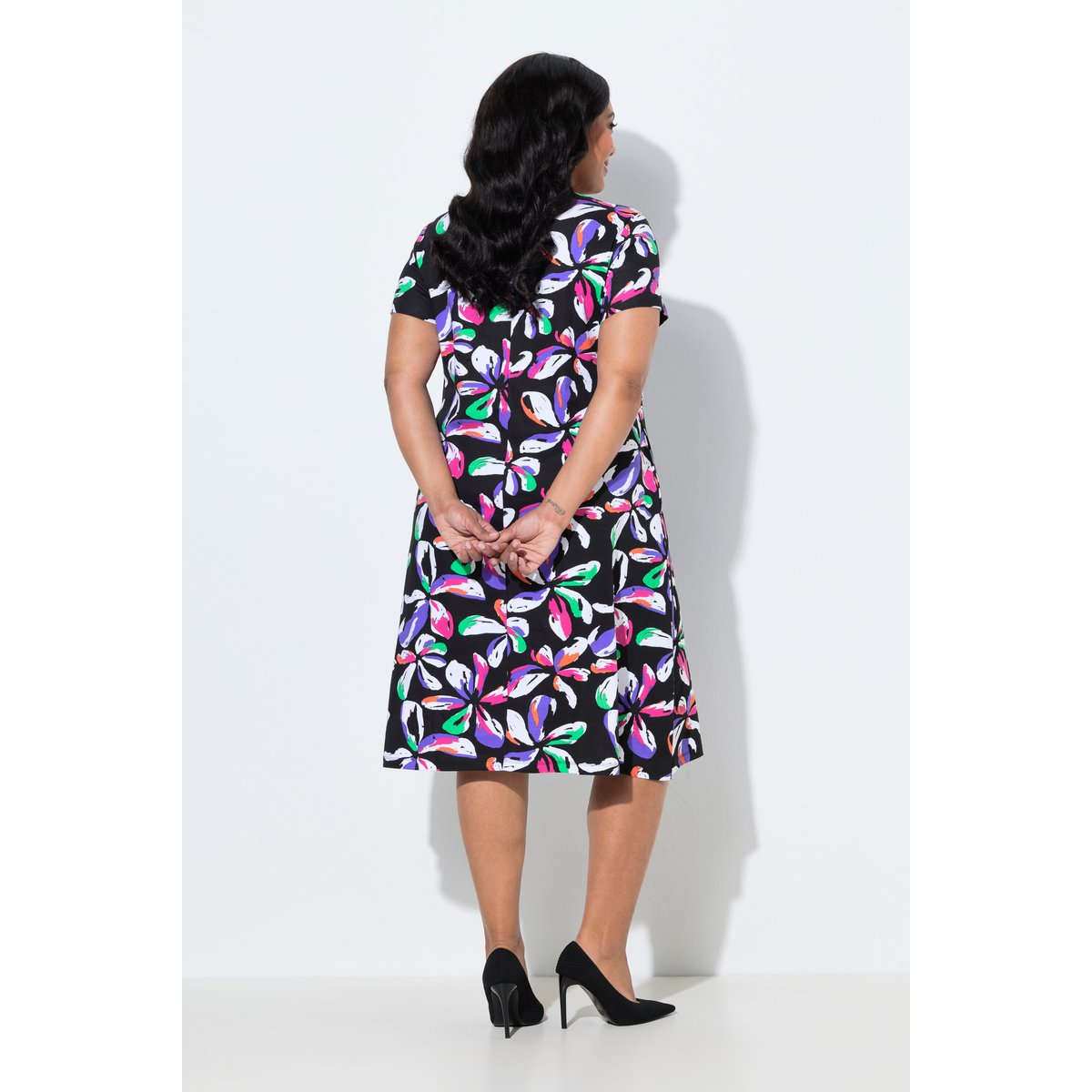Robe midi motif floral, avec poches noir, ULLA POPKEN