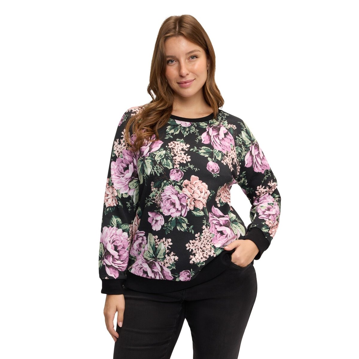 Sweat-shirt col rond avec imprimé floral noir, FIORELLA RUBINO