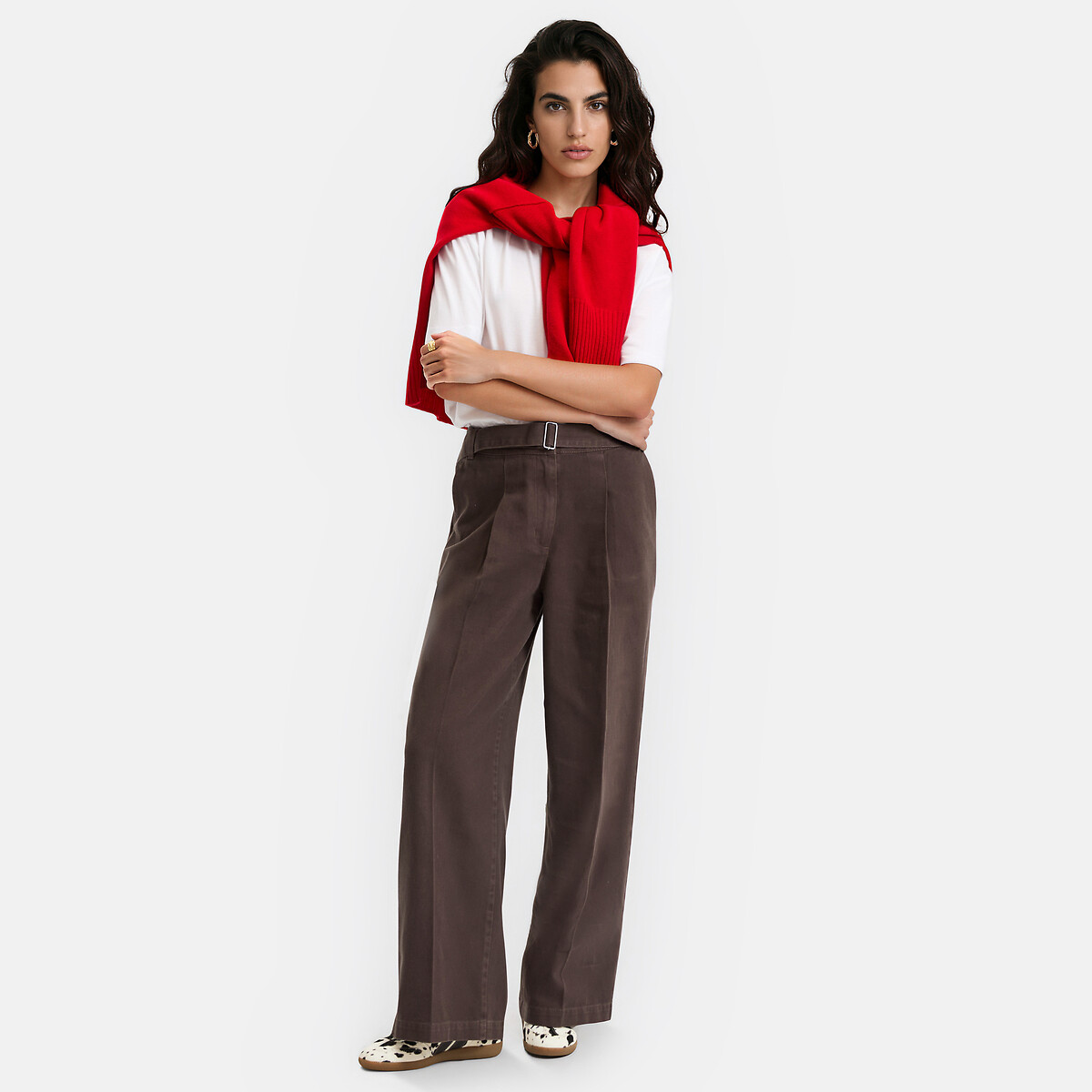 Pantalón ancho de pinzas con cinturón marrón, LA REDOUTE COLLECTIONS