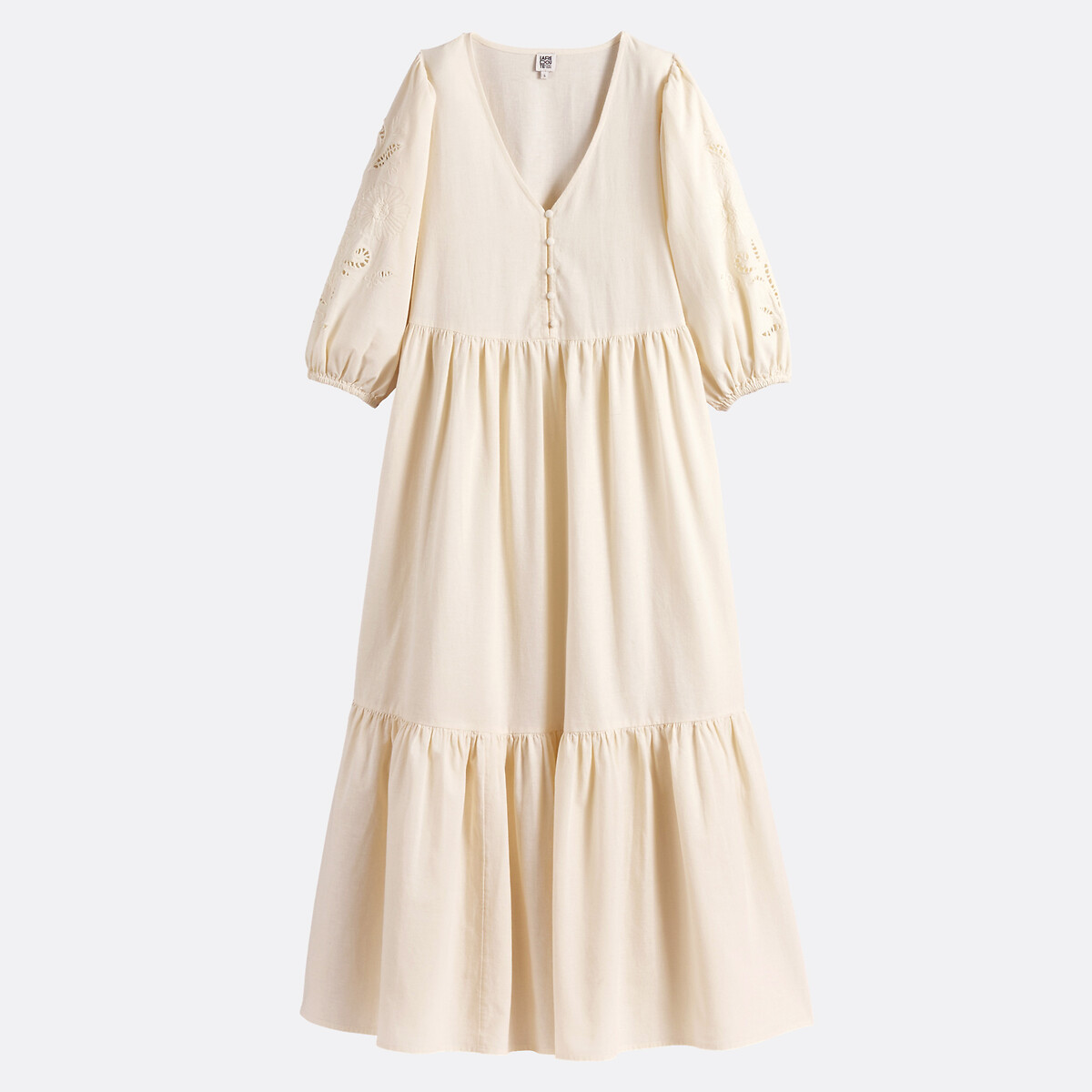 Robe longue col V manches brodées ivoire brodé, LA REDOUTE COLLECTIONS