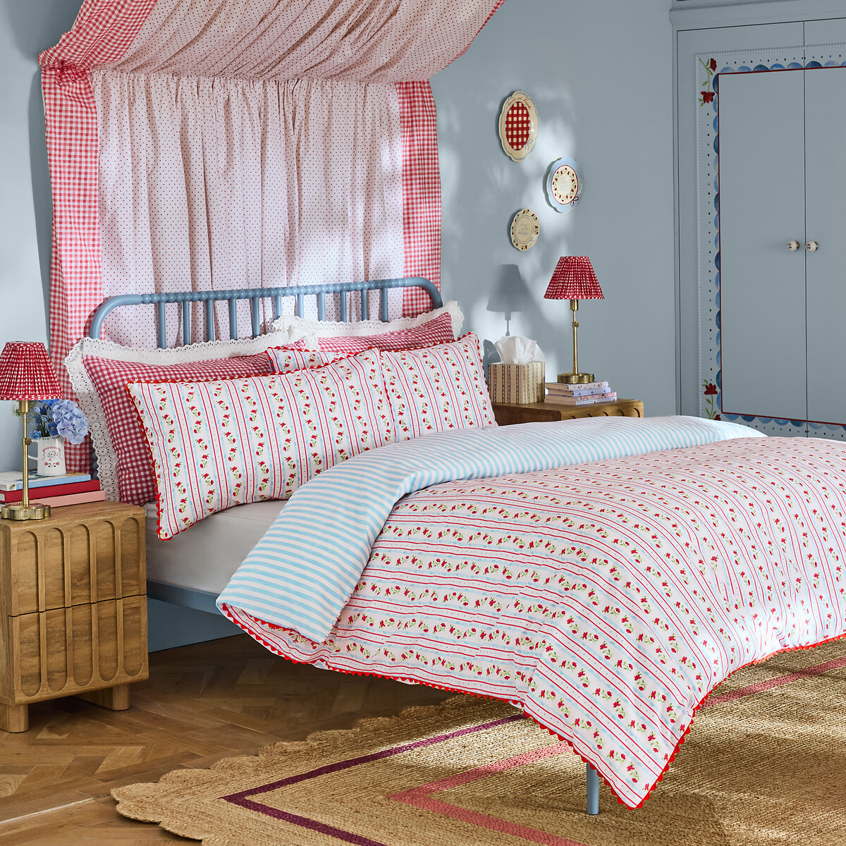 Treasure Floral Stripe Reversible Cotton Duvet Cover and Pillowcase Set red/navy, CATH KIDSTON