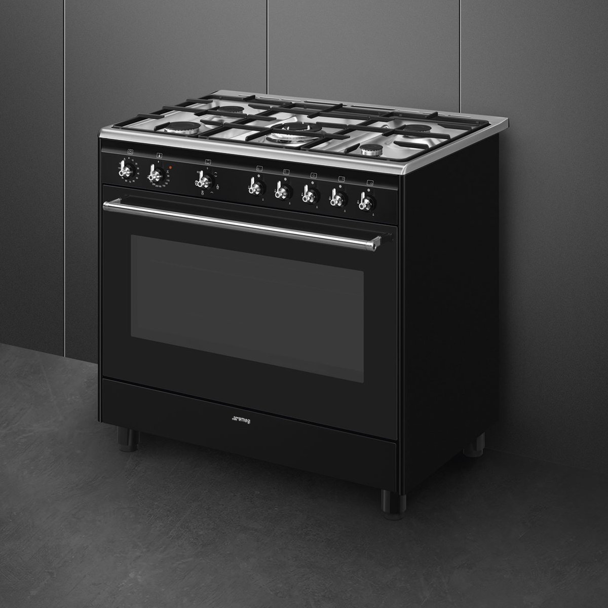 Piano de cuisson gaz 5 feux 90 cm noir brillant, SMEG