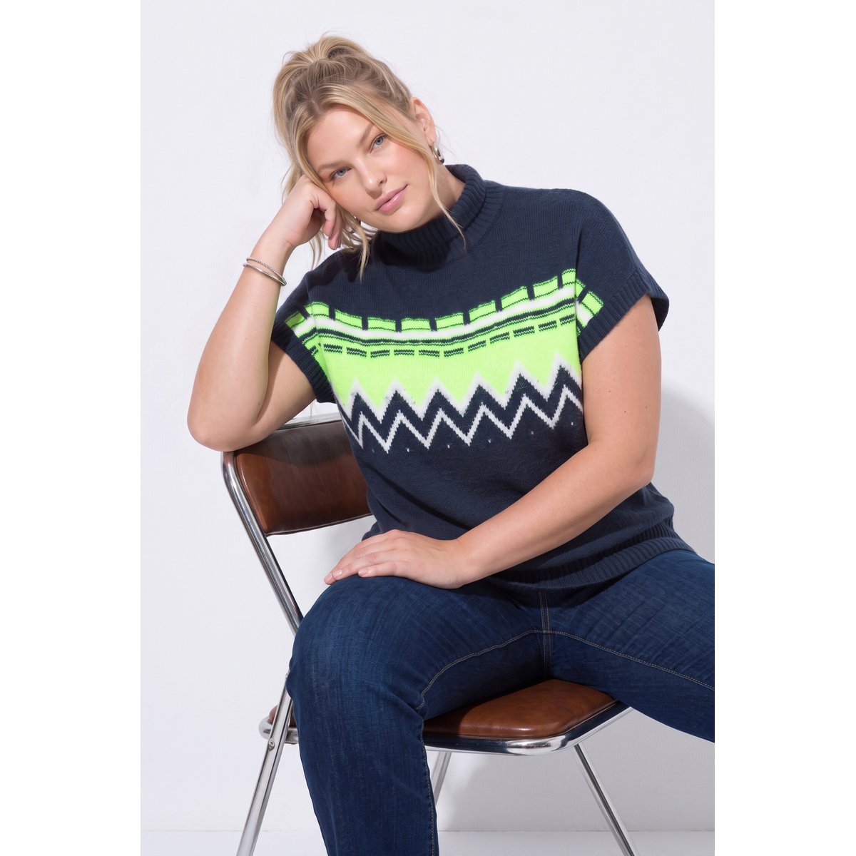 Pull sans manches, motif norvégien vert fluo, ULLA POPKEN