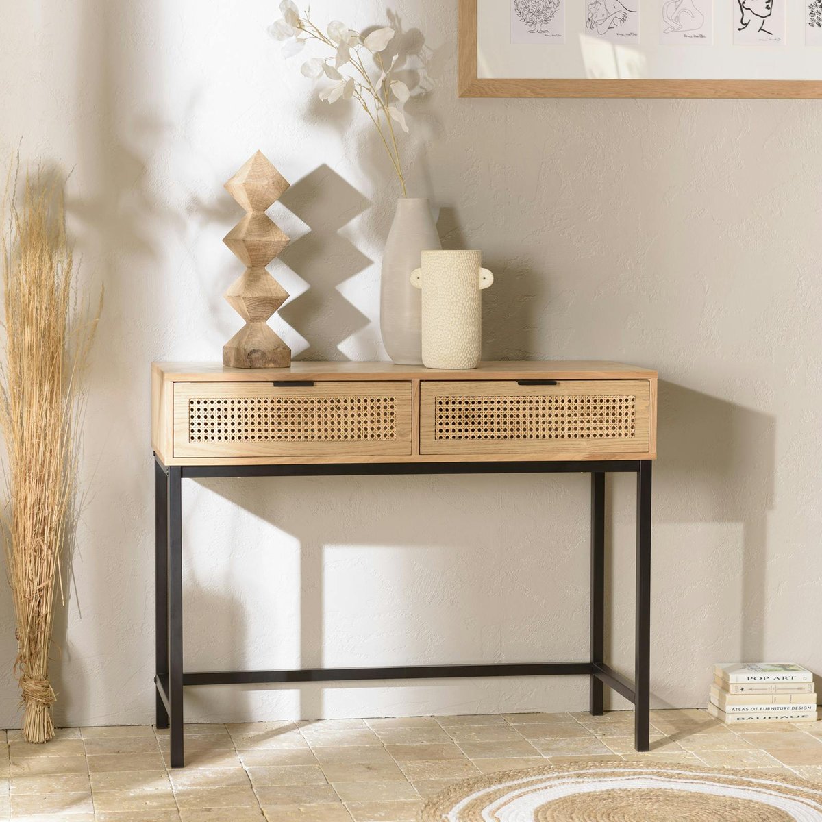 Console 2 tiroirs en cannage rotin naturel PALMA bois naturel, PIER IMPORT