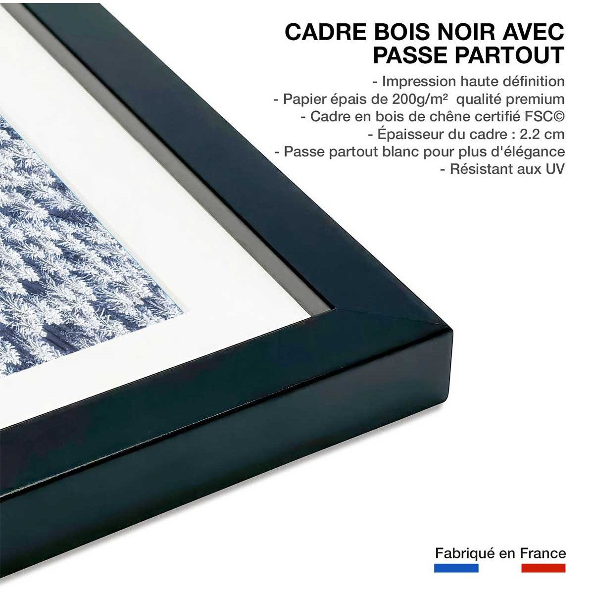 Affiche bleue de neige blanche affiche + cadre en bois - noir, HEXOA