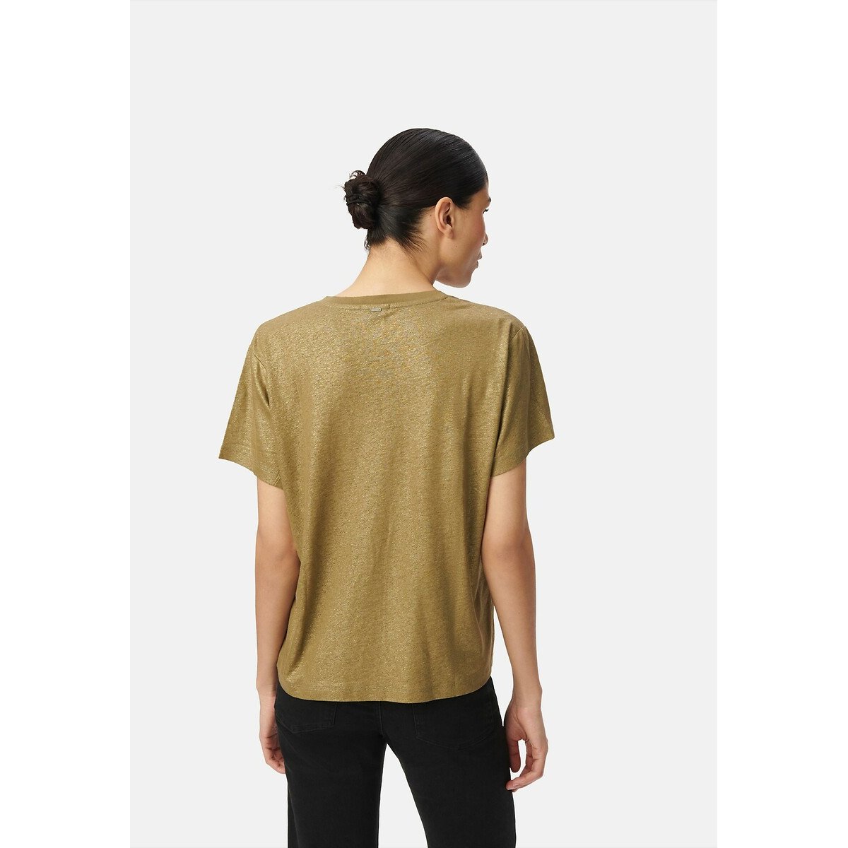 Iridescent Linen/Viscose V-Neck T-Shirt with Short Sleeves khaki, IKKS