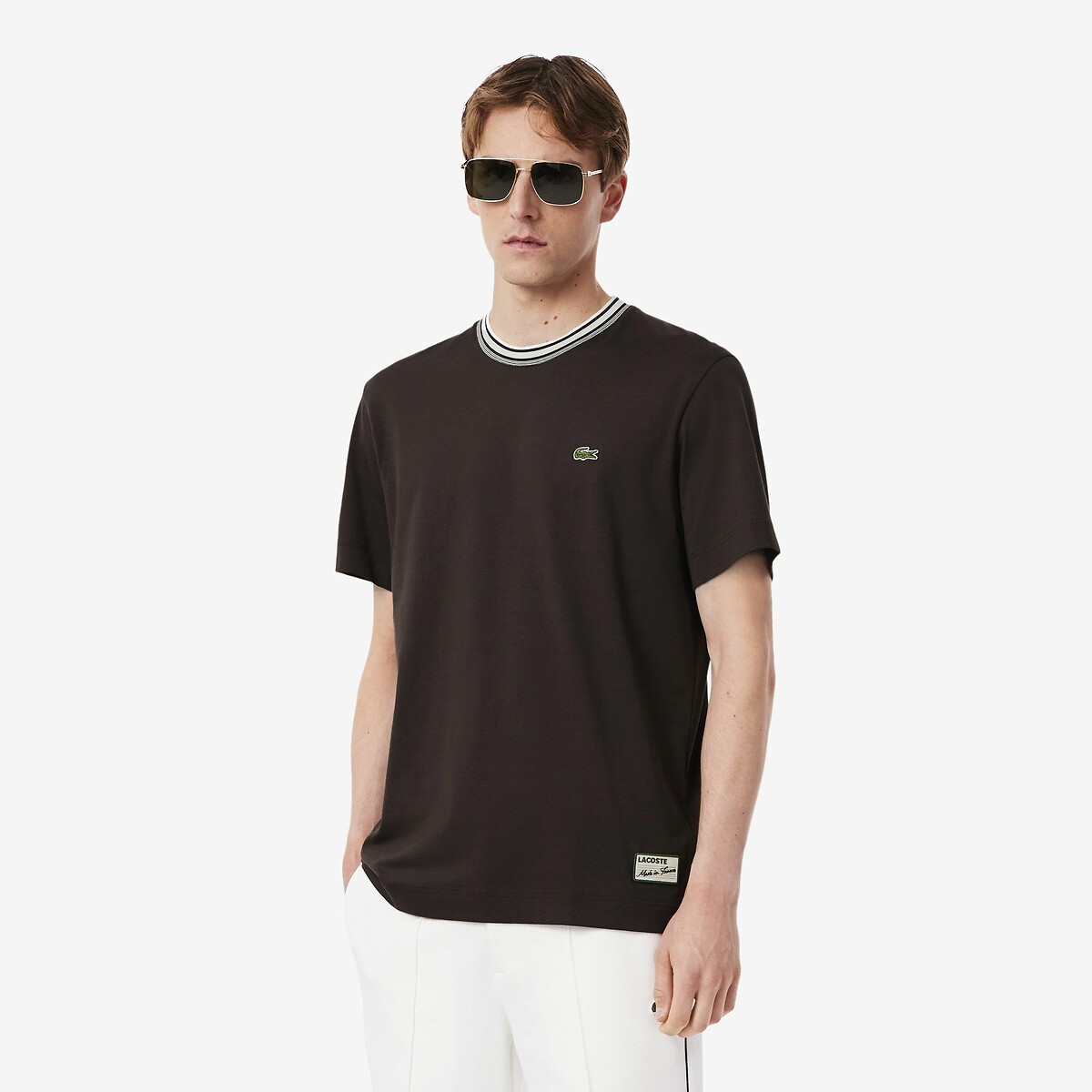 T-shirt fabriqué en France col rayé marron-skb, LACOSTE