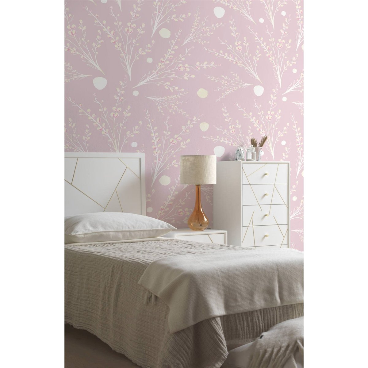 Chiffonnier laqué à détails dorés, 5 Tiroirs blanc mat avec détails dorés, RECOLLECTION