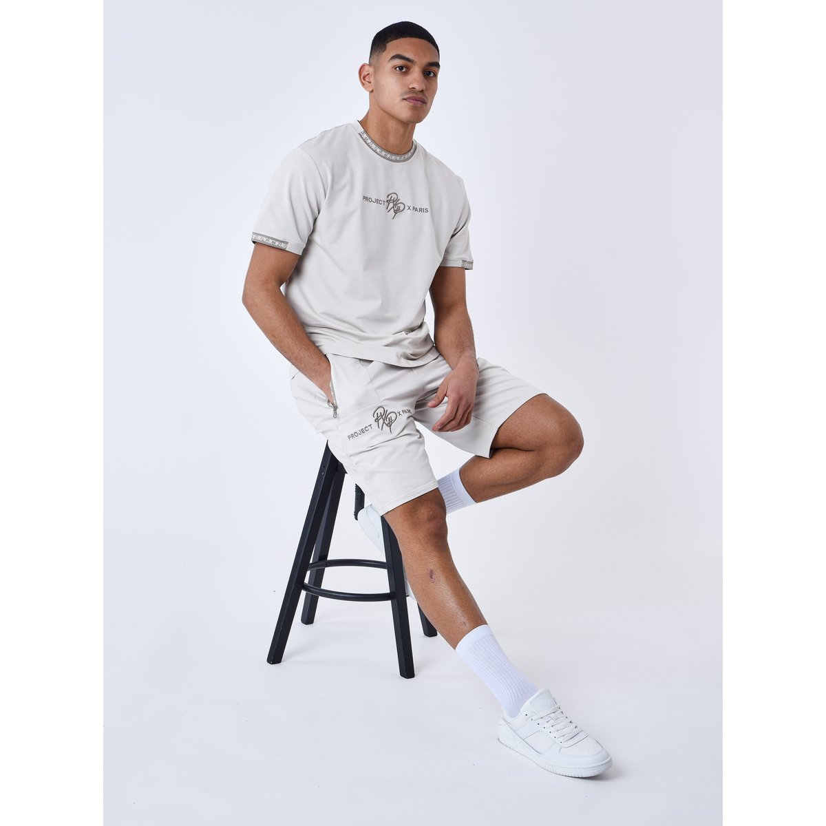 T-shirt uni avec bande logo greige, PROJECT X