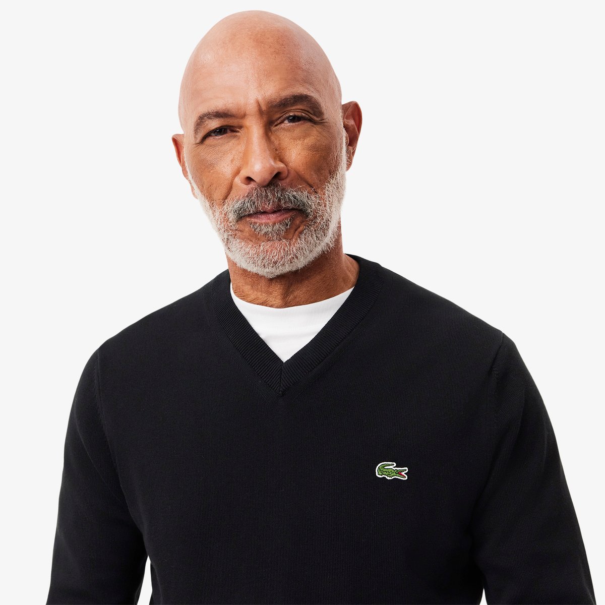 Pull coton uni col V noir-031, LACOSTE
