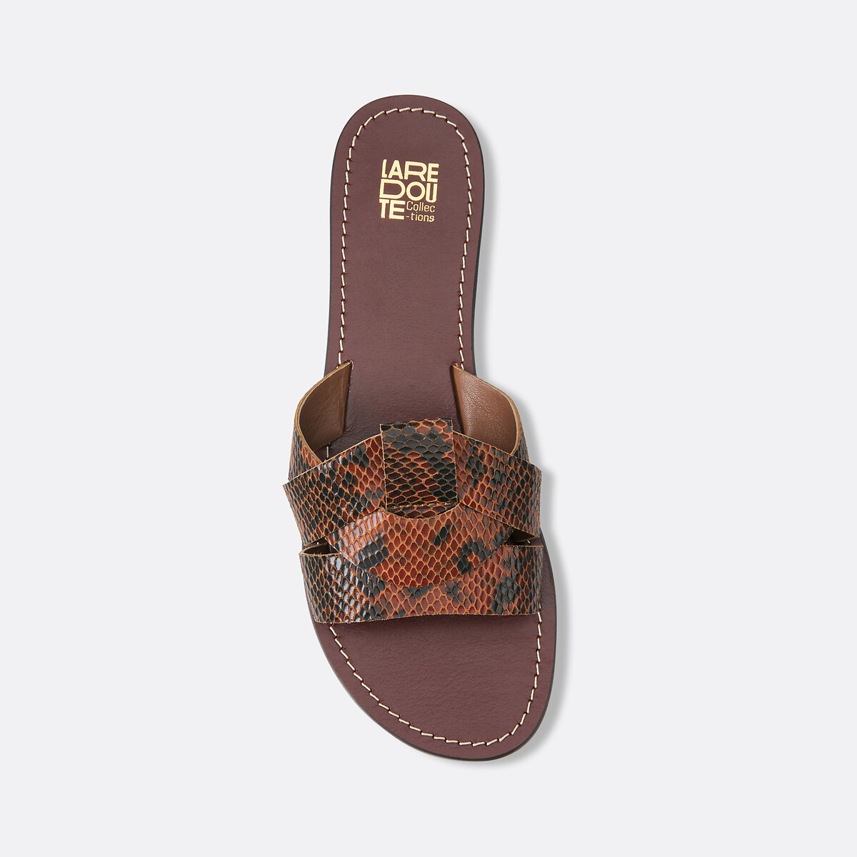 Flat Mules in Snake Print Leather printed brown background, LA REDOUTE COLLECTIONS