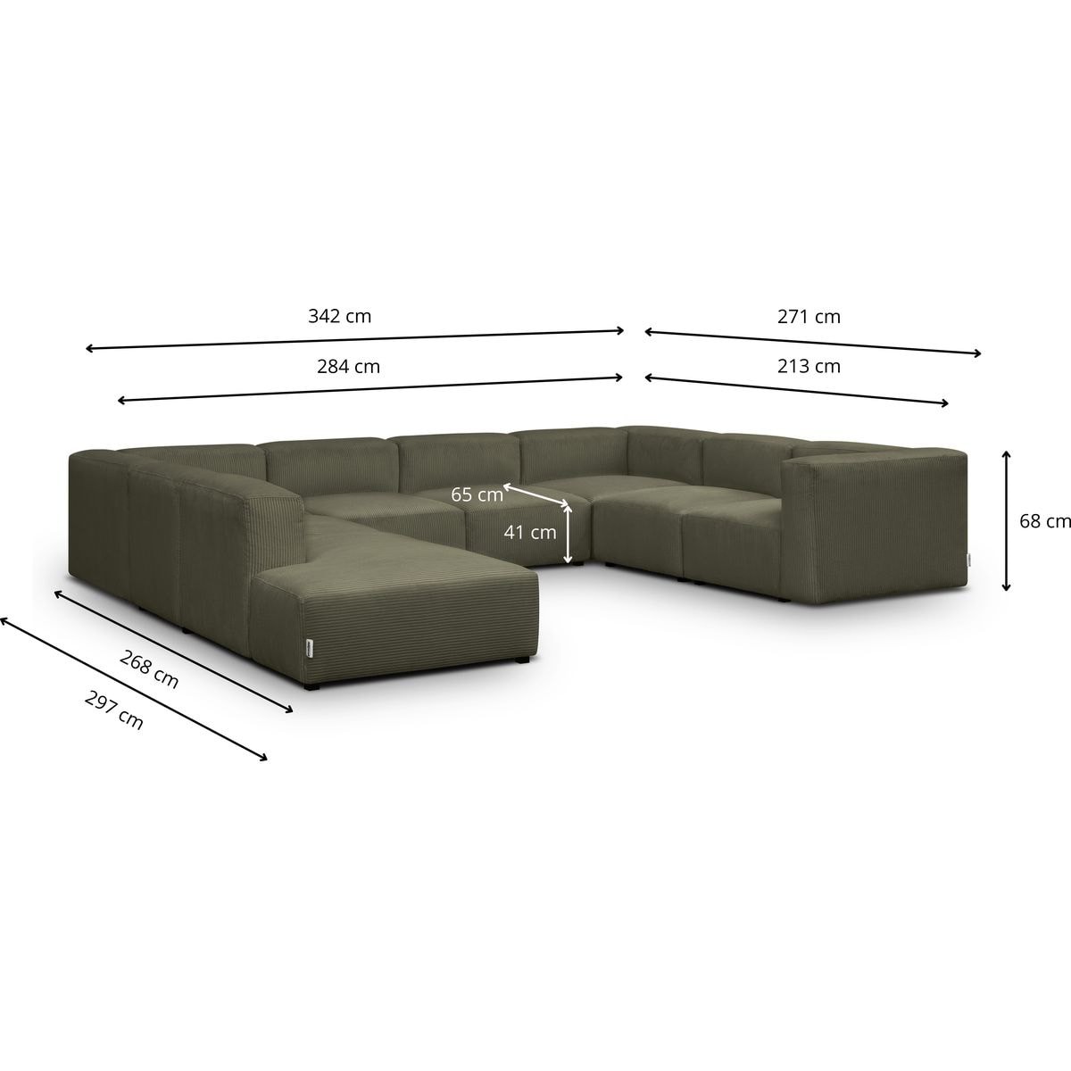 Canapé modulable panoramique 12 places ouvert à gauche en velours côtelé - MODULO vert kaki, HOMIFAB