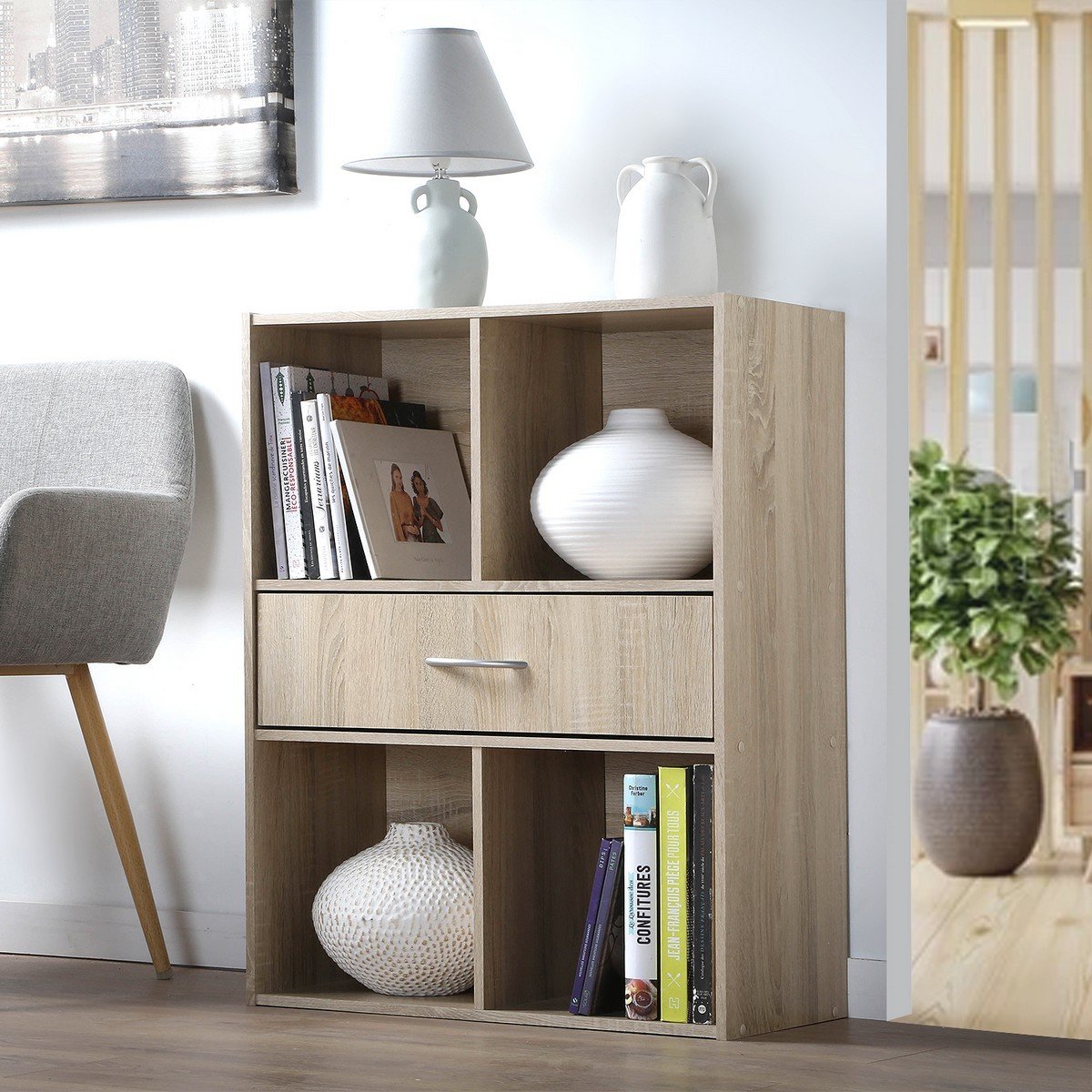 Etagère de rangement 4 casiers avec un tiroir bois clair, CALICOSY