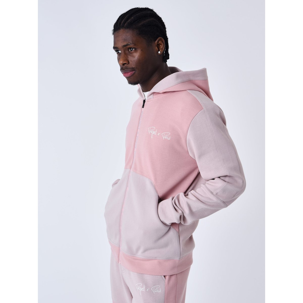 Sweat à Capuche zippé two tone rose poudré, PROJECT X
